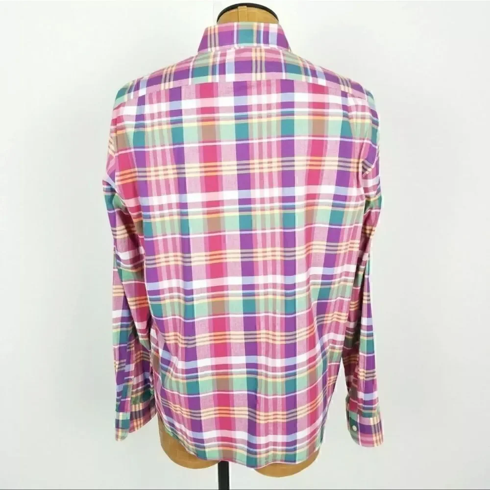 J. Crew Size XL Slim Fit Summer Plaid Button Down Shirt Pink Purple Green Blue